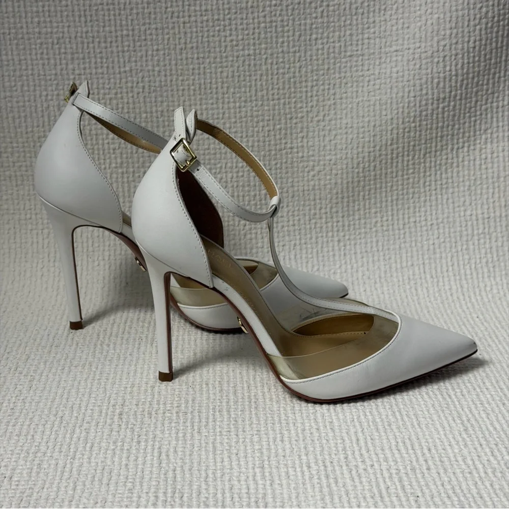 Michael Kors White T-Strap Pointed Toe Stilettos with Clear Panels